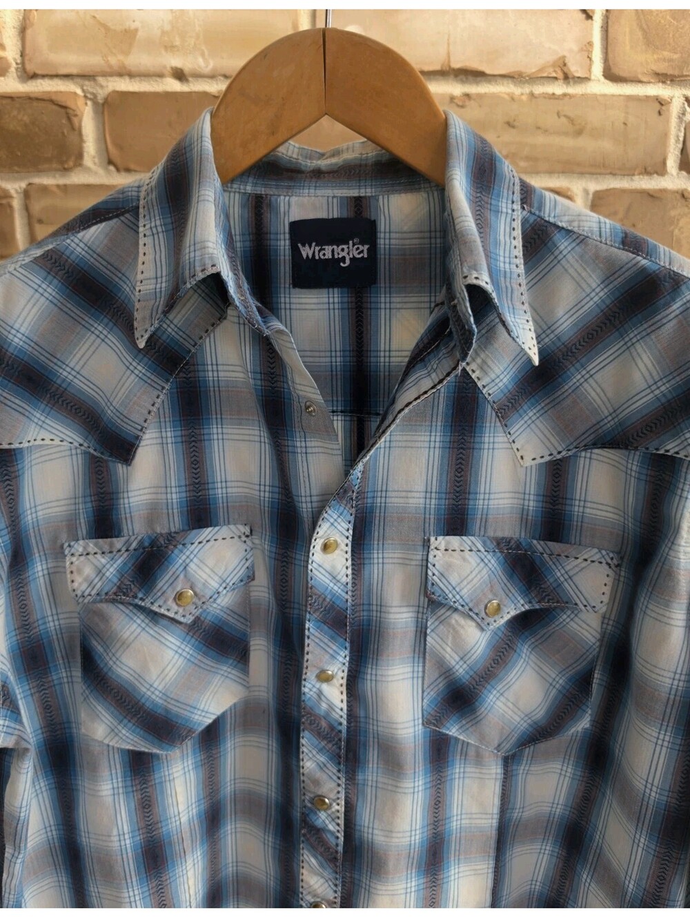Vintage Wrangler Western Shirt Mens M Blue Plaid Pearl Snap Cowboy Cotton
